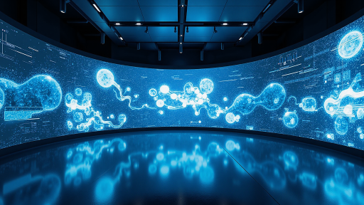 虚拟博物馆展览界面，3D文物展示，交互式导览系统，现代化数字展厅设计